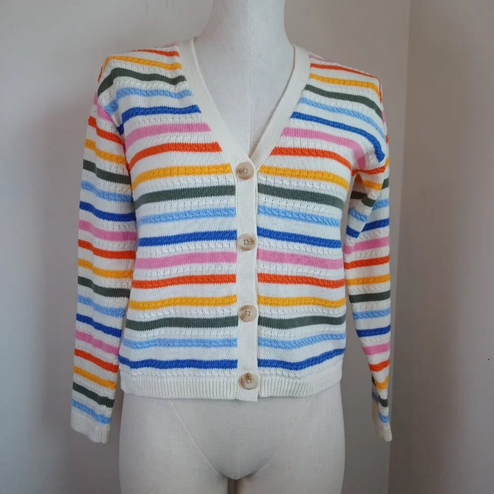 Talbots Sweater Multi Stripe Cardigan V Neck Button Front Womens‎ Petite